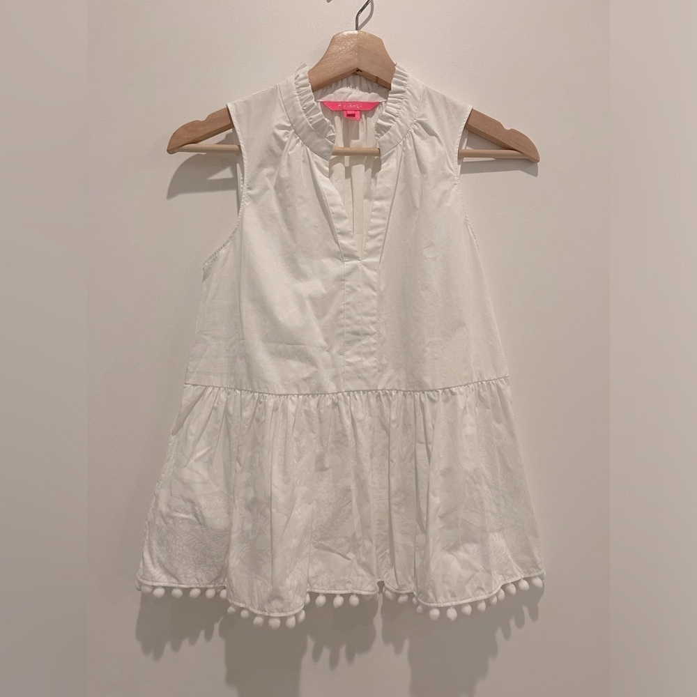 Lilly Pulitzer Novella Pom Pom Ruffle Sleeveless Blouse Top Size XXS - Picture 2 of 7